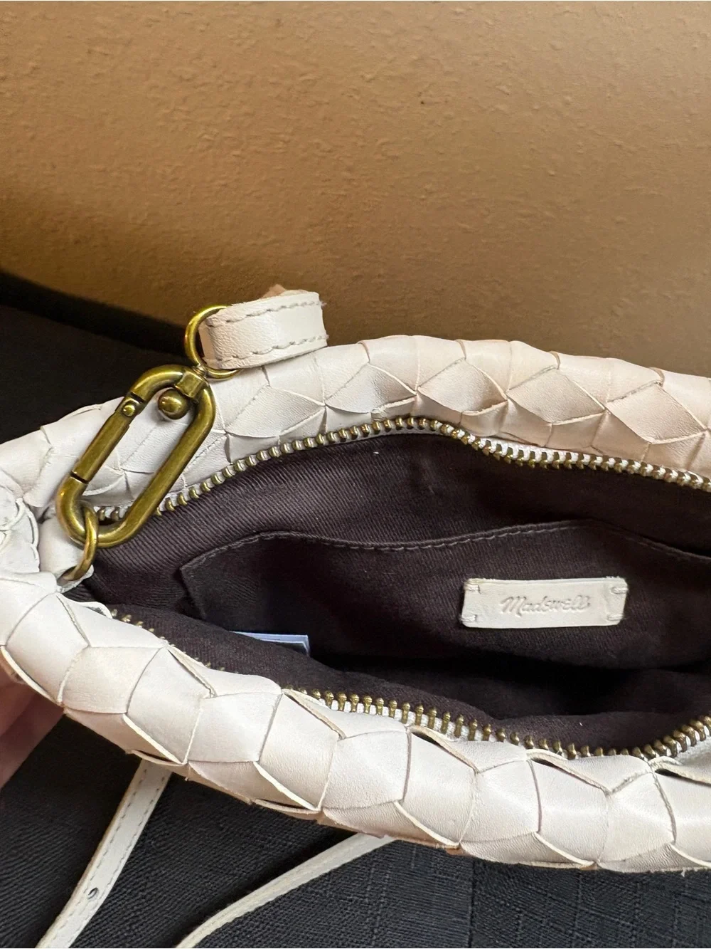 Madewell Cream Woven Leather Crossbody with Brass Hardware